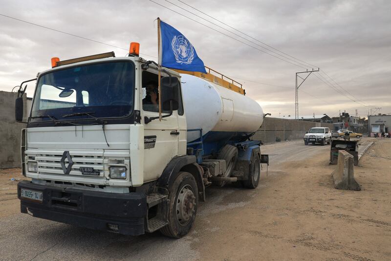 A fuel tanker crosses into Rafah in the southern Gaza Strip on Wednesday. AFP