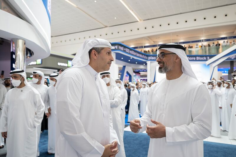 Khaldoon Khalifa Al Mubarak, Abu Dhabi Executive Council member, chairman of the Executive Affairs Authority,  managing director and group CEO of Mubadala Investment Company, left, with Sheikh Khaled bin Mohamed, member of the Abu Dhabi Executive Council and chairman of the Abu Dhabi Executive Office. Mohamed Al Hammadi / UAE Presidential Court 