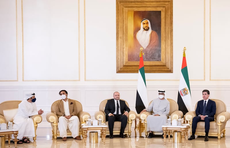 Nechirvan Barzani, president of the Iraqi Kurdistan Region, right, and Bilawal Bhutto Zardari, president of the Pakistan People’s Party, second left, offer their condolences to the President, Sheikh Mohamed, second right, and Sheikh Abdullah bin Zayed, UAE Minister of Foreign Affairs and International Co-operation, left, at the Presidential Airport.