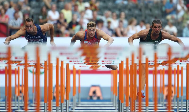 Action during the Men's Decathlon 110m Hurdles at the Olympic Stadium, Berlin.  Michael Dalder/Reuters