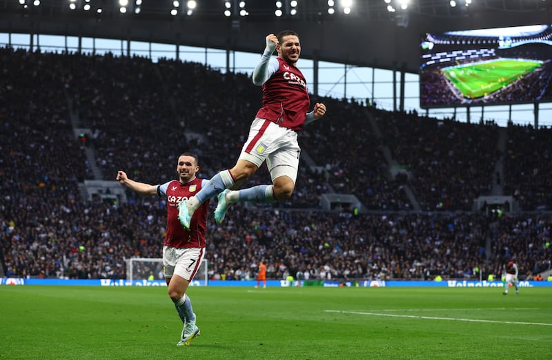 Emiliano Buendia celebrates scoring Aston Villa's second goal in their 2-0 Premier League win at Tottenham Hotspur on January 1, 2023. Reuters