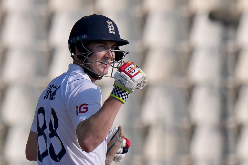 England's Harry Brook celebrates after scoring a century during the third day of the second Test against Pakistan in Multan. AP