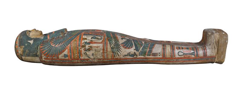 The outer coffin containing the mummified remains of a woman called Baktenhor, who lived between 1070 and 713 BC in Thebes, now called Luxor. Photo: The Trustees of the British Museum