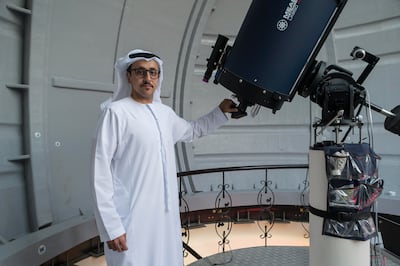ABU DHABI, UNITED ARAB EMIRATES, 07 JANUARY 2017. An Emiratis childhood fascination with the desert night sky led to Thabet Al Qaisseh building an observatory on his family's farm in Al Wathba. Thabet regularly invites the public and students to his observatory, called the Al Sadeem Observatory, to further their understanding of astronomy and to promote the space sector amongst the youth. Thabet sets the telescope of the observatory to look at the brightly lit moon just before sunset. (Photo: Antonie Robertson/The National) ID: 12286. Journalist: Thamer Subaihi. Section: National. *** Local Caption ***  AR_0701_Al_Sadeem_Observatory-15.JPG