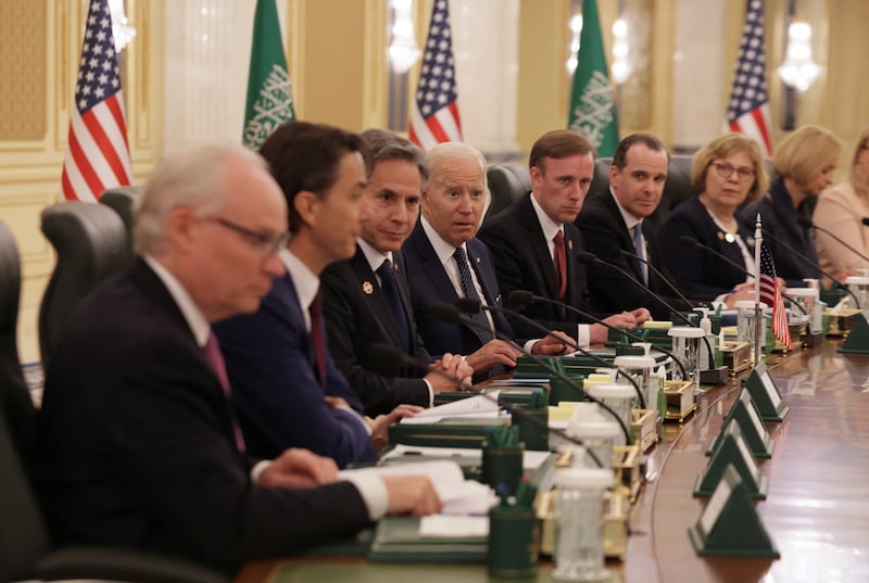 US President Joe Biden and US Secretary of State Antony Blinken in a bilateral meeting with Saudi officials led by Crown Prince Mohammed bin Salman at Al Salam Palace. Reuters