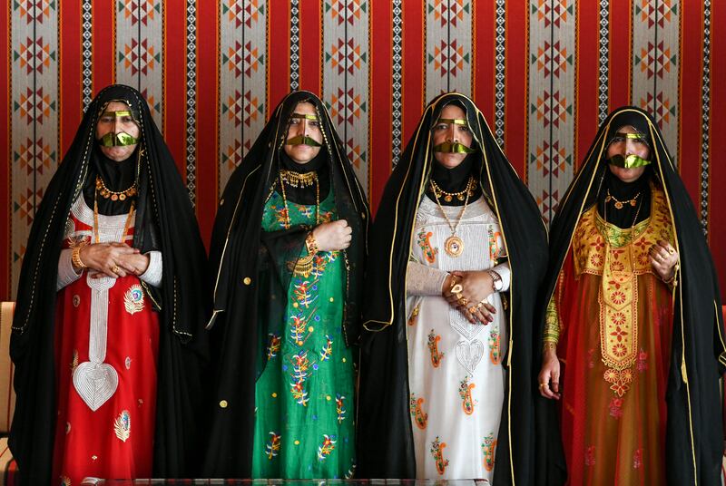 From left, Mariam Al Kabi, Sameeha Ahmed Al Kabi, Nadia Al Shamsi and Ateeja Al Mherbi keep the traditions alive at the centre. Khushnum Bhandari / The National