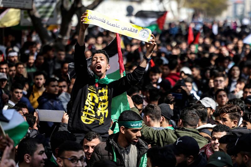 University students demonstrate in Gaza City on February 26, in support of the West Bank and against the Aqaba summit between Israel and Palestinians. AFP