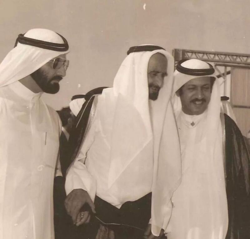 Mohammed Saeed Al Mulla, right, with Sheikh Rashid, centre, in an undated photo shared by Sheikh Hamdan, Crown Prince of Dubai