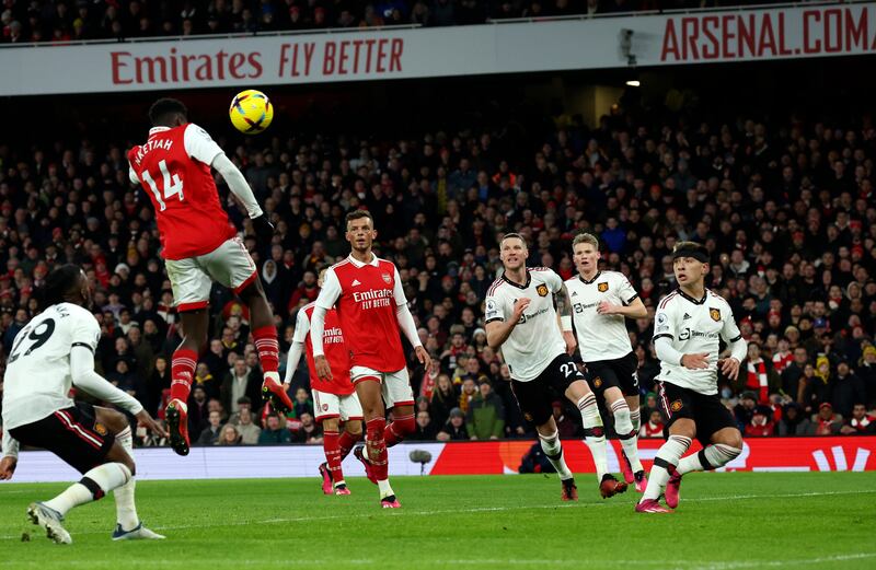 Eddie Nketiah heads Arsenal level at Emirates Stadium. AP