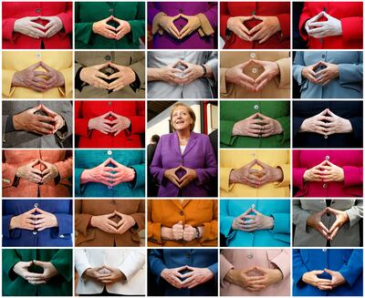 Angela Merkel’s signature hand gesture, in the shape of a diamond, became a symbol of her reassuring style and the stability she offered in tumultuous times. Reuters