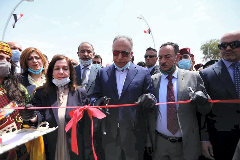 Prime Minister Mustafa Al Kadhimi officially opens the Al Hurriya or Freedom Bridge crossing the Tigris river to Mosul's old city. Iraqi PM Media Office HO 