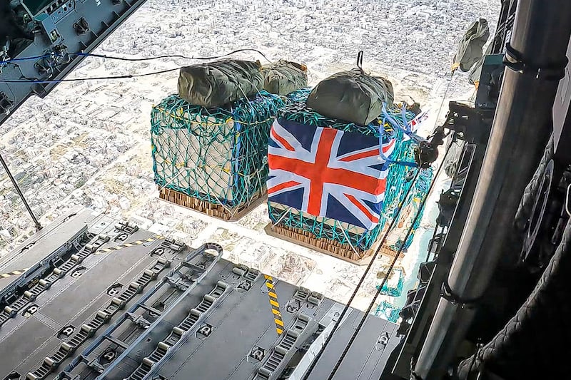 Humanitarian aid is dropped into Gaza from an RAF A400M aircraft on Tuesday. Ministry of Defence / PA