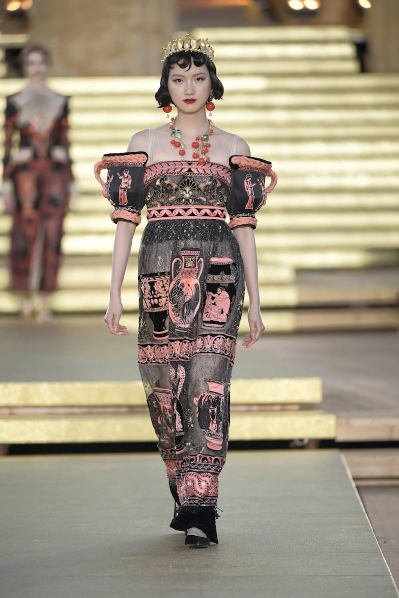 Ancient Greek pottery was recreated as oversized  sleeves in this look from Dolce & Gabbana's Alta Moda 2019 colection. Courtesy Dolce & Gabbana