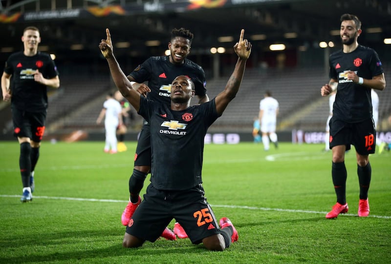 Manchester United's Odion Ighalo celebrates scoring the first goal in their victory against LASK in the Europa League last-16 tie in March. Reuters