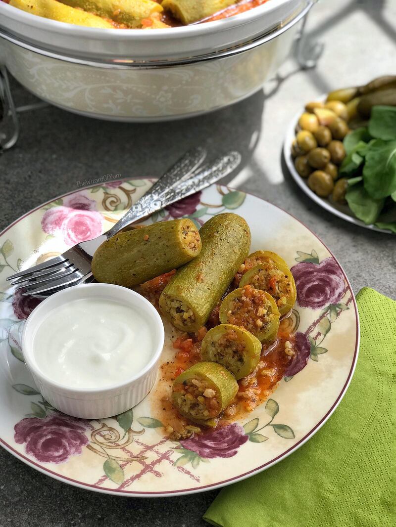 Maie Jeneidi's recipe for kousa mahshi, stuffed courgettes in tomato sauce. Courtesy Maie Jeneidi / Table Tales 