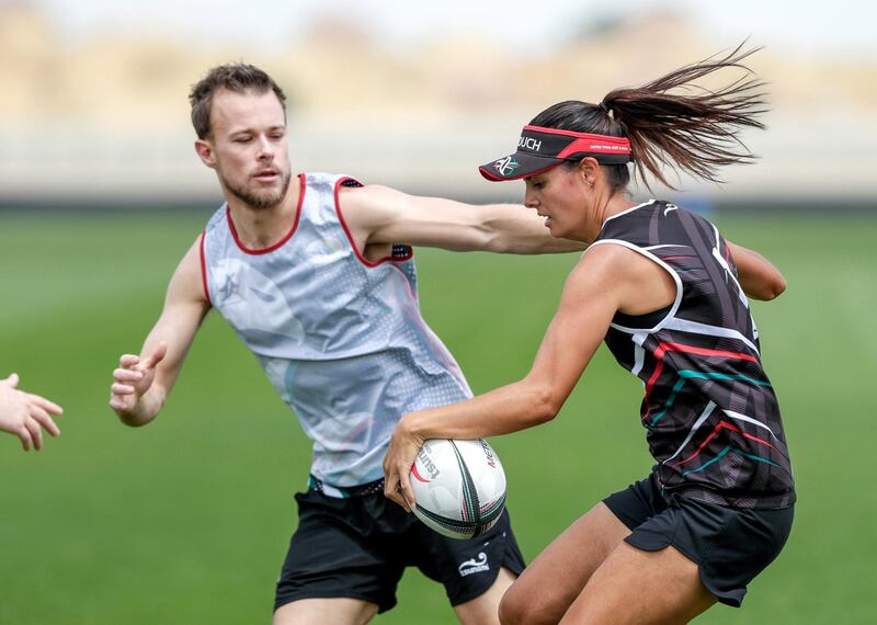 Abu Dhabi, April 13, 2019.  Middle East Touch preparing to play at the World Cup of rugby's non-contact version.    
Victor Besa/The National.
Section:  SP  
Reporter:  Paul Radley