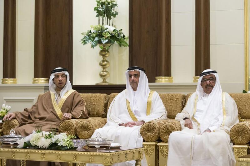 Sheikh Mansour bin Zayed, Deputy Prime Minister and Minister of Presidential Affairs, Lt Gen Sheikh Saif bin Zayed, Deputy Prime Minister and Minister of Interior, and Sheikh Hamdan bin Rashid, Deputy Ruler of Dubai and Minister of Finance, attend the swearing-in ceremony for the Cabinet ministers.