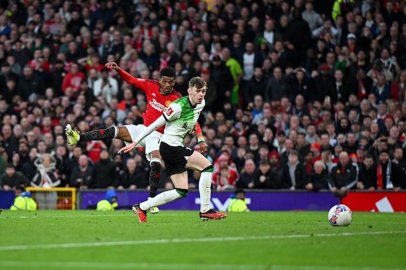 Amad Diallo scores Manchester United's late winner against Liverpool in the FA Cup quarter-final at Old Trafford. Getty Images