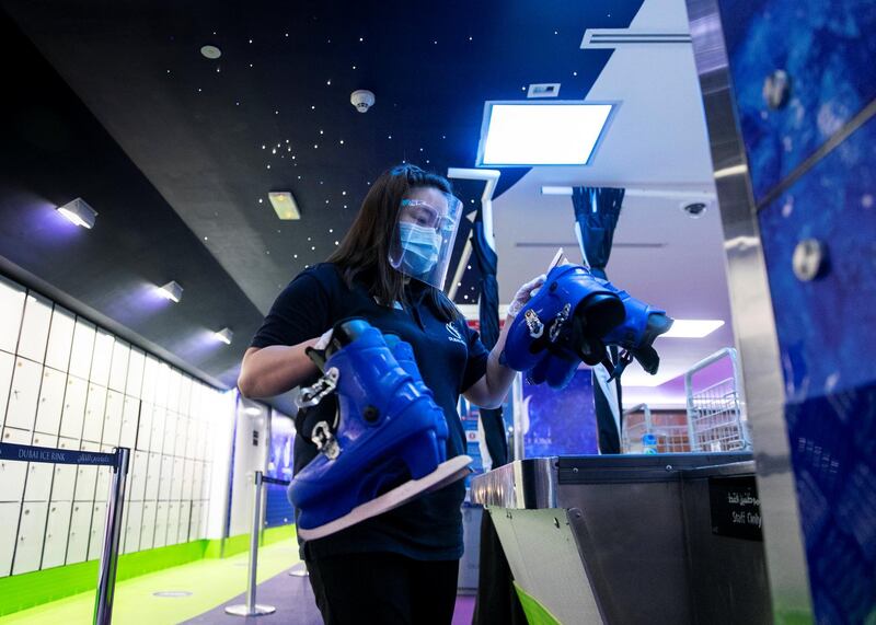 DUBAI, UNITED ARAB EMIRATES. 11 JUNE 2020. 
Skating shoes sanitized at the Ice Rink in Dubai Mall.
(Photo: Reem Mohammed/The National)

Reporter:
Section: