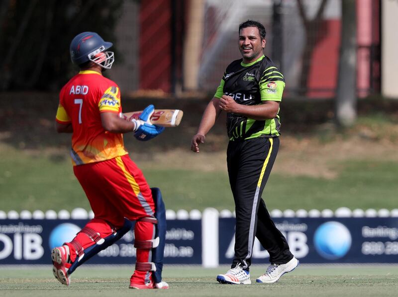 Dubai, United Arab Emirates - Reporter: Paul Radley. Sport. Cricket. Dubai's Faisal Amin takes the wicket of Abu Dhabi's Ali Abid during the game between Abu Dhabi and Dubai in the Emirates D10. Wednesday, July 29th, 2020. Dubai. Chris Whiteoak / The National