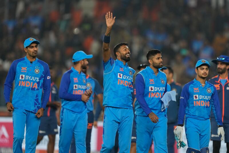 India's captain Hardik Pandya, centre, celebrates the victory with his teammates. AP 