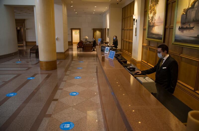 A social-distancing sign is seen at Conrad Cairo hotel in the Egyptian capital.  EPA