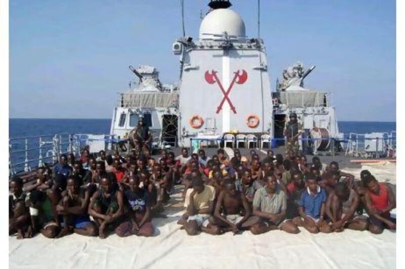 Captured Somali pirates were detained on a military vessel on Monday after the Indian navy intercepted their ship in the Arabian Sea 1,000 kilometres from the west coast of India.