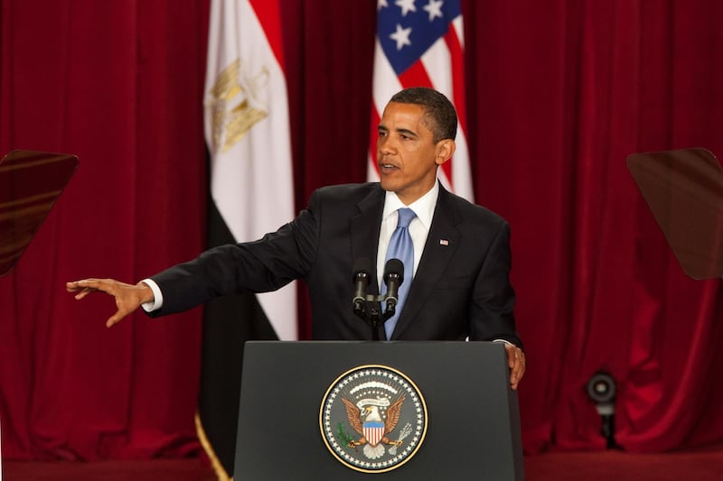 CAIRO, EGYPT - JUNE 4:  U.S. President Barack Obama makes his key Middle East speech at  Cairo University June 4, 2009 in Cairo, Egypt. In his speech, President Obama called for a "new beginning between the United States and Muslims", declaring that "this cycle of suspicion and discord must end".  (Photo by Getty Images)