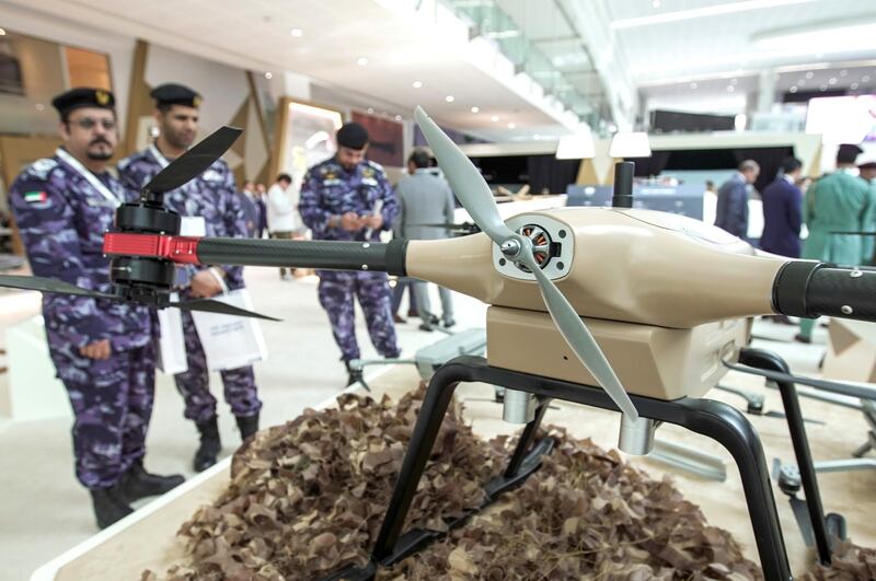 Abu Dhabi, United Arab Emirates, February 24, 2020.  The Unmanned Systems Exhibition and Conference (UMEX 2020) and Simulation Exhibition and Conference (SimTEX 2020).
--  Visitors from the Military check out the CEST MR40 UAV System.
Victor Besa / The National
Section:  NA
Reporter:  None