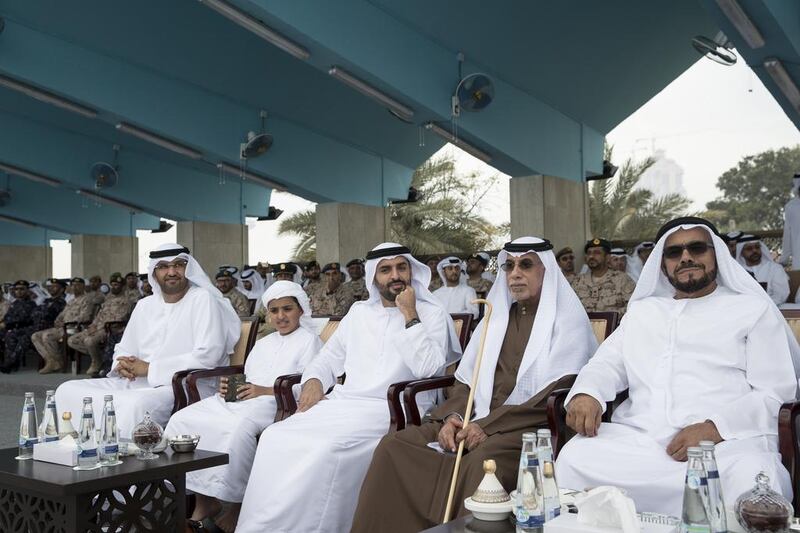 From right: Lt Gen Obaid Al Kaabi, former undersecretary of the Ministry of Defence, Dr Mohamed Saeed Al Badi, Sheikh Mohammed bin Hamad bin Tahnoon, Sheikh Zayed bin Mohammed bin Hamad and Dr Sultan Al Jaber, Minister of State, chairman of Masdar and chief executive of Adnoc Group, attend the military exercise. Ryan Carter / Crown Prince Court - Abu Dhabi