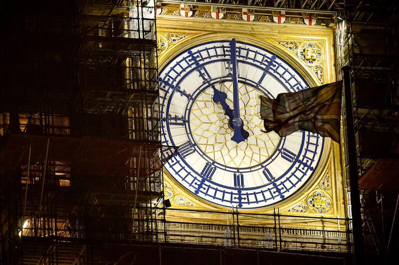 LONDON,  - JANUARY 30: Big Ben clock face shows 11:00pm twenty-four hours until the UK will no longer be a member of the European Union on January 30, 2020 in London, United Kingdom. At 11.00pm on Friday 31st January the UK and Northern Ireland will exit the European Union 188 weeks after the referendum on June 23rd, 2016. (Photo by Jeff J Mitchell/Getty Images)