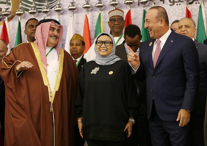 Foreign Minister of Turkey Mevlut Cavusoglu, Indonesian Foreign Minister Retno Marsudi and Bahrain's Foreign Minister Khalid bin Ahmed Al Khalifa attend the preparatory meeting in Jeddah. Reuters