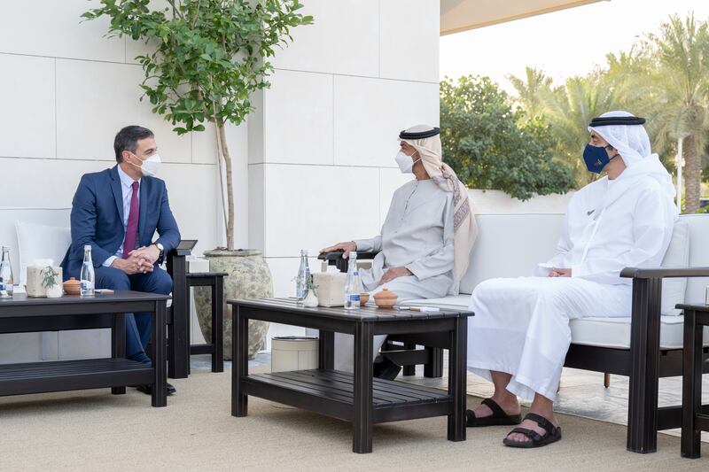 Sheikh Mohamed bin Zayed, Crown Prince of Abu Dhabi and Deputy Supreme Commander of the Armed Forces, meets Pedro Sanchez, Prime Minister of Spain at Al Shati Palace. Sheikh Abdullah bin Zayed, Minister of Foreign Affairs and International Co-operation, was in attendance. Photos: Hamad Al Kaabi  / Ministry of Presidential Affairs