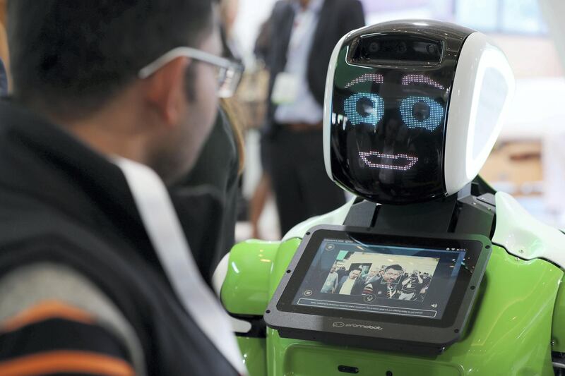 Dubai, United Arab Emirates - Reporter: Dan Sanderson: A robot greets people at the American hospital stand. Thousands of people gather for the Arab Health conference. Monday, January 27th, 2020. World trade centre, Dubai. Chris Whiteoak / The National