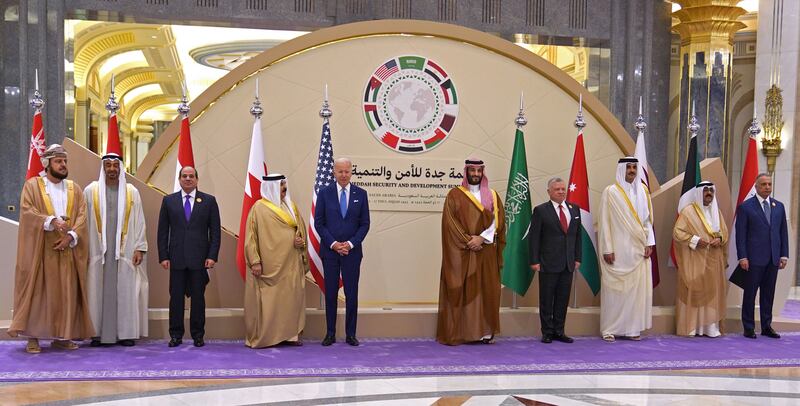 From left: Asa'ad bin Tariq Al Said, Deputy Prime Minister of Oman and Special Representative of the Sultan, the UAE's President, Sheikh Mohamed, Egypt's President Abdel Fattah El Sisi, Bahrain's King Hamad, US President Joe Biden, Saudi Crown Prince Mohammed bin Salman; Jordan's King Abdullah II, Qatar's Emir Sheikh Tamim bin Hamad Al Thani, Kuwait's Crown Prince Mishal Al Sabah, and Iraq's Prime Minister Mustafa Al Kadhimi, during the Jeddah Security and Development Summit. Photo: Jordanian Royal Palace / AFP