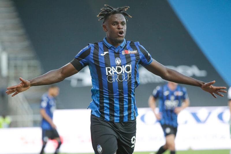 Atalanta's Duvan Zapata celebrates after scoring his side's fourth goal. AP