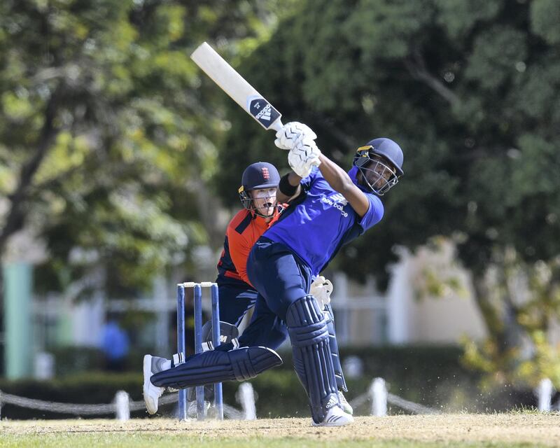 BRIDGETOWN, BARBADOS - MARCH 23: Delray Rawlins hits a 6 during the ECB North v South Series match Three at 3Ws Oval on March 23, 2018 in Bridgetown, Barbados.   Randy Brooks/Getty Images for ECB/AFP