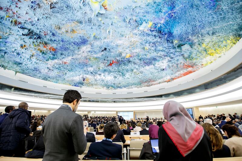 A general view of the assembly taken during the opening of the High-Level Segment of the 37th session of the Human Rights Council, at the European headquarters of the United Nations in Geneva, Switzerland, Monday, Feb. 26, 2018. (Salvatore Di Nolfi/Keystone via AP)