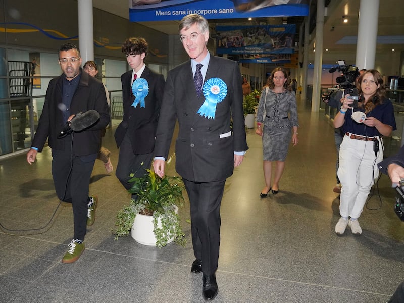 Conservative MP Jacob Rees-Mogg leaves University of Bath after losing his seat in the North East Somerset and Hanham constituency. AP