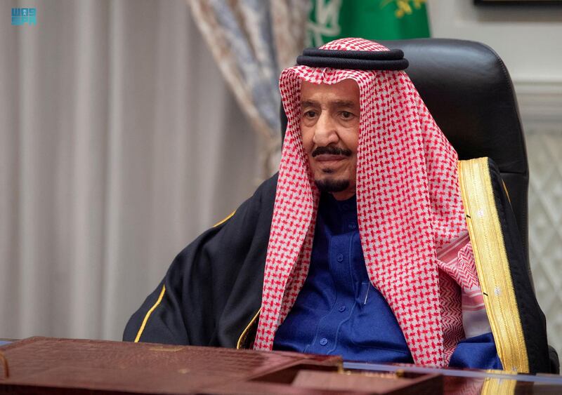 King Salman addresses the kingdom's advisory Shura Council from his palace at Neom. SPA / Reuters