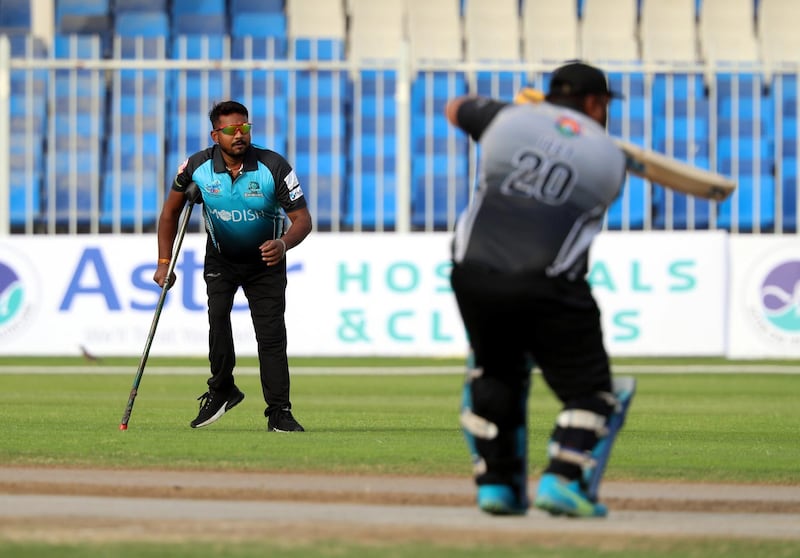 Sharjah, United Arab Emirates - Reporter: N/A. News. Delhi's Mukesh Dangi fields in the game between Kolkata Night Fighters and Delhi Challangers in the Divyang Premier League a cricket tournament for the physically challenge. Wednesday, April 14th, 2021. Sharjah. Chris Whiteoak / The National