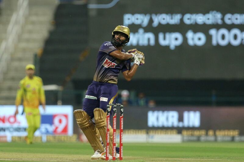 Rahul Tripathi of Kolkata Knight Riders plays a shot during match 21 of season 13 of the Dream 11 Indian Premier League (IPL) between the Kolkata Knight Riders and the Chennai Super Kings at the Sheikh Zayed Stadium, Abu Dhabi in the United Arab Emirates on the 7th October 2020. Photo by: Vipin Pawar  / Sportzpics for BCCI