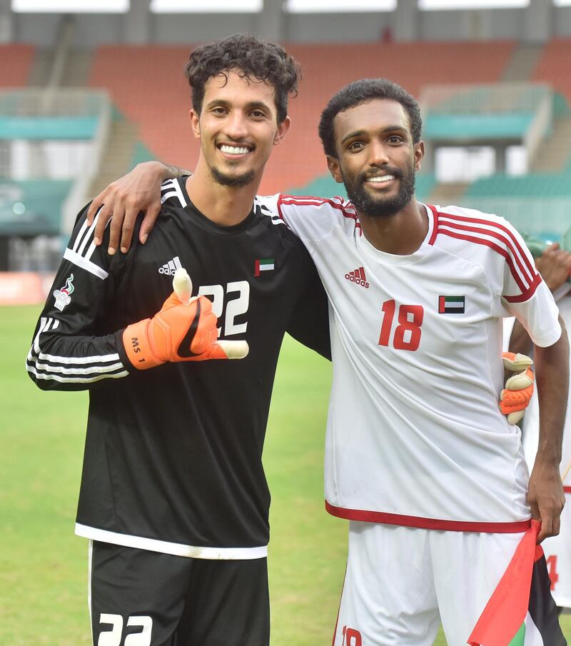 <p>UAE celebrate their 4-3 penalty shoot-out win over Vietnam to win the bronze medal match at the 2018 Asian Games. Courtesy UAE FA</p>
