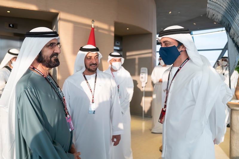 Sheikh Mohammed bin Rashid, Vice President and Ruler of Dubai, Sheikh Abdullah bin Zayed,  Minister of Foreign Affairs and International Co-operation, and Sheikh Hamdan bin Zayed, Ruler’s Representative in Al Dhafra Region, at the grand prix. Photo: Abdulla Al Junaibi / Ministry of Presidential Affairs