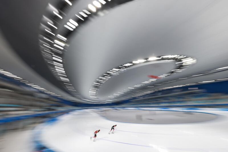 Skaters during the speed skating men's 5,000m test event for the Beijing 2022 Winter Olympics at National Speed Skating Oval in Beijing, China. The 'Meet in Beijing' test event for the Olympics runs until April 10. Getty