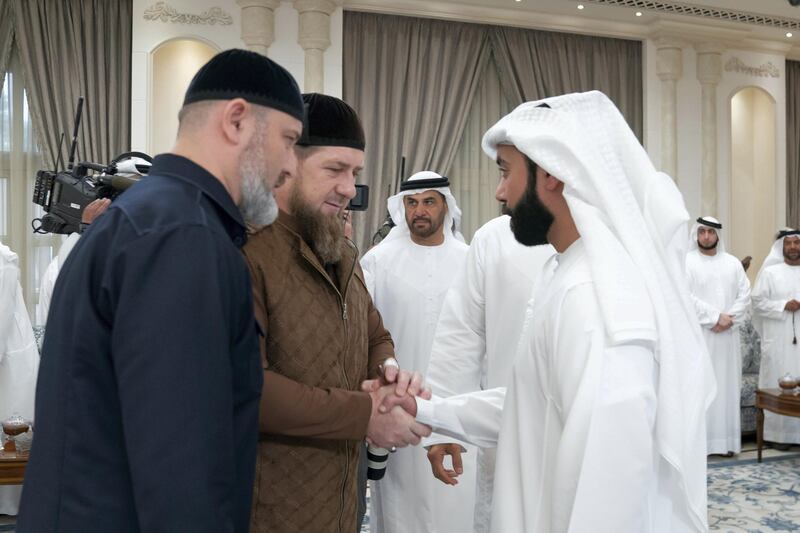 ABU DHABI, UNITED ARAB EMIRATES - November 21, 2019: HE Ramzan Kadyrov, President of the Chechnya (2nd L), offers condolences to HH Dr Sheikh Hazza bin Sultan bin Zayed Al Nahyan (R) on the passing of the late HH Sheikh Sultan bin Zayed Al Nahyan, at Al Mushrif Palace.

( Rashed Al Mansoori / Ministry of Presidential Affairs )
---