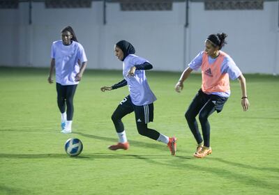 Banaat FC players during a training session at UAE Football Association headquarters in Al Khawaneej, Dubai. Ruel Pableo for The National