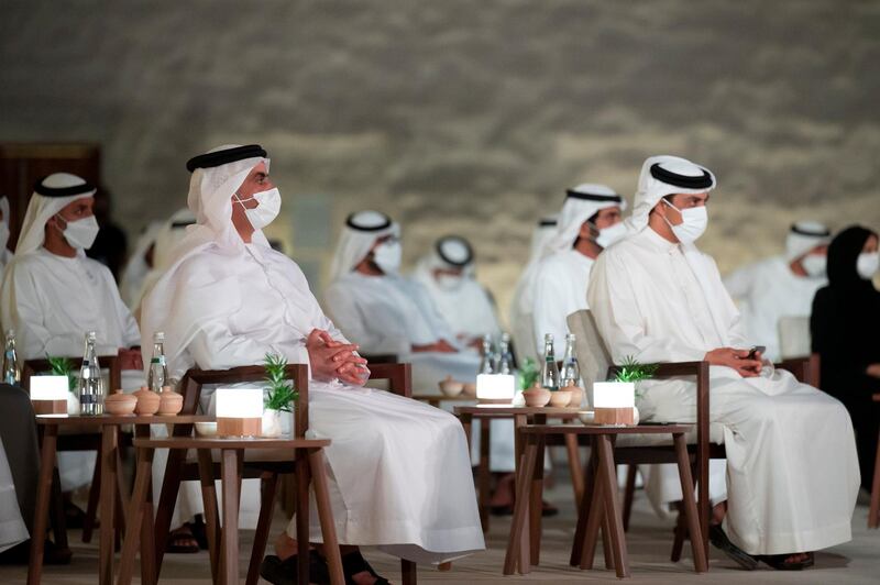 ABU DHABI, UNITED ARAB EMIRATES - April 07, 2021: HH Lt General Sheikh Saif bin Zayed Al Nahyan, UAE Deputy Prime Minister and Minister of Interior (L) and HH Sheikh Mansour bin Zayed Al Nahyan, UAE Deputy Prime Minister and Minister of Presidential Affairs (R), attend the Abu Dhabi Awards ceremony, at Qasr Al Hosn.

( Mohamed Al Hammadi / Ministry of Presidential Affairs )
---