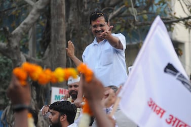 Aam Aadmi Party chief and Delhi Chief minister Arvind Kejriwal (C), gestures during an election campaign road show in New Delhi, India, 01 May 2019. Voting for the Parliamentary elections in Delhi will be held in a single phase on 12 May 2019. EPA