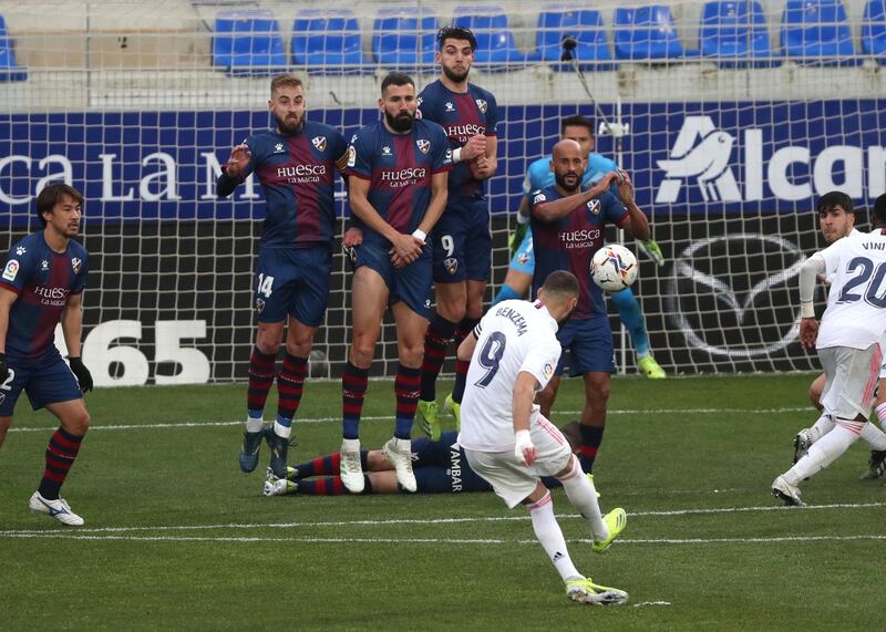 Real Madrid's Karim Benzema shoots at goal from a free-kick. EPA